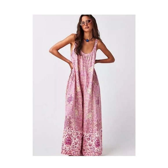 FP Movement by Free People Pants - Free People Movement Hot Shot Printed Jumpsuit Pink Paisley Boho Wide Leg M